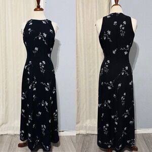 Vintage Jones New York Dress Womens 10 Black Chiffon Floral Maxi Y2K Fairy Goth